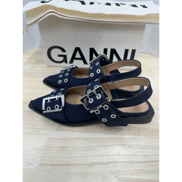 Ganni Size 39 Double-Buckled Blue Denim Ballerina Shoes Flats - NEW - Picture 3 of 11